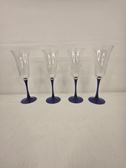 Vintage 4 Luminarc France Cobalt Blue Stem Champagne Flute Wine Glasses 8.5»