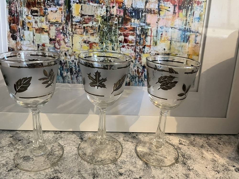 Vintage Libbey Crystal SILVER LEAF – Set of 3 WINE GLASSES – 5 3/4 inches