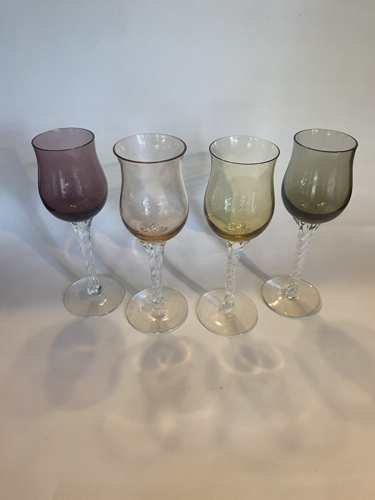 VTG Sherry Cordial Glasses Multi-Color Harlequin Applied Clear Twist Long Stem