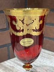 Art Decor Ruby Red Water Glass/Wine Goblet 24K Gold Made In Italy NEW Set Of 2