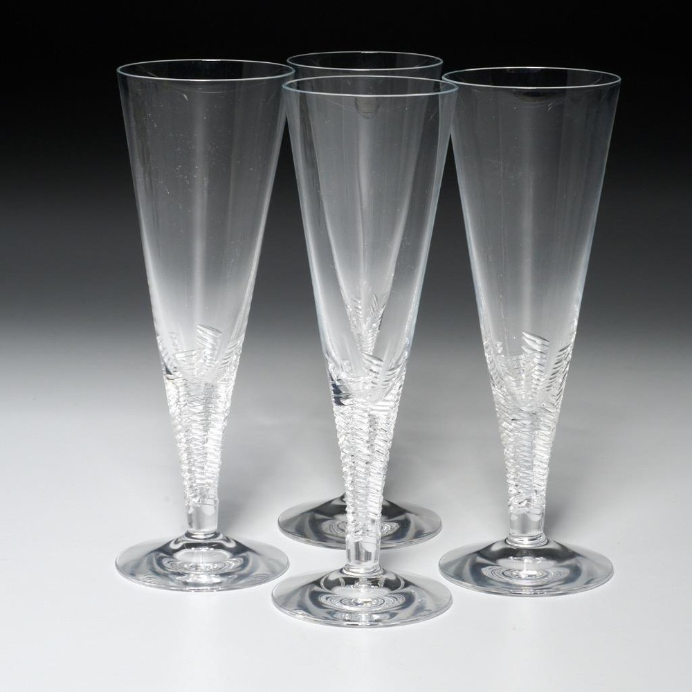 Lot of (4) Hand Cut Blown Ridged Crystal Clear Flared Glass Champagne Flutes 7″h