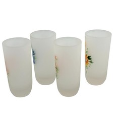 Set Of 4 Vintage Frosted Glass 5.5″ Tumblers With Hand-Painted Floral Designs