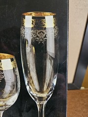 Cellini Italy 3 Crystal Champagne Flutes Etched 24K Gold Decorated Rim 8 1/4″