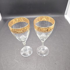 PASABAHCE 22kt Gold Rim Circle Art Glass 7″ Swirl Rim Wine Glasses x2 Turkey