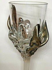 Art Deco Style Handmade Blown Art Glass Goblet,3D Metal Design White frosted ste