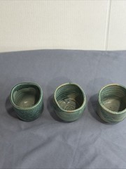 VTG Studio Pottery Sake 4 Piece Set Teal Drip Glaze Tokkuri 3 Cups Boho Barware
