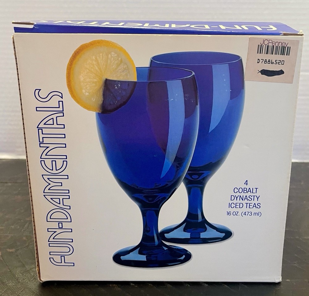 Vintage New Libbey Fun-Damentals Cobalt Dynasty Iced Tea Glasses Goblets Set 4