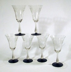 1920s Vintage WESTON Set 6 WATER GOBLETS Twist Stem Black Base ART DECO WGL58