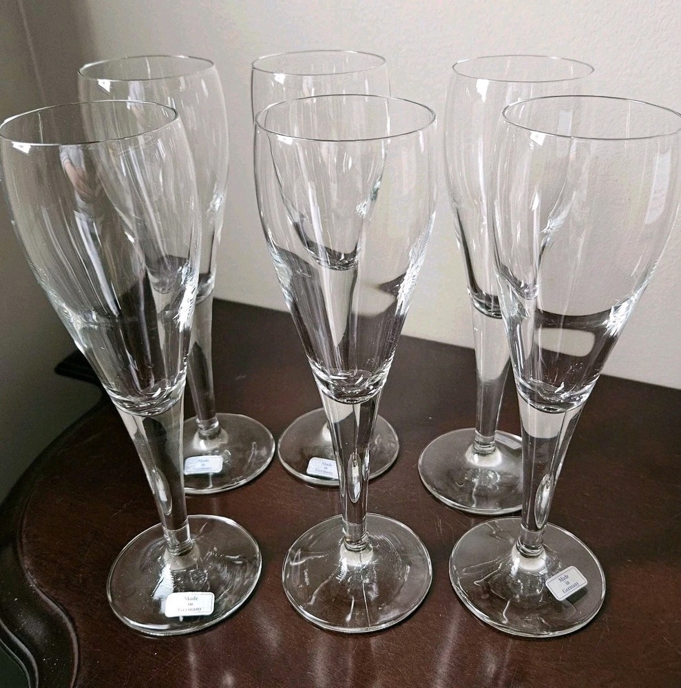 6 Fluted Lead Free Crystal Champagne Glasses Flutes Germany 8″