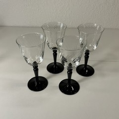 Vintage Set of 8 Black Stem Wine Glasses Swirl Optic Clear Glass Goblets