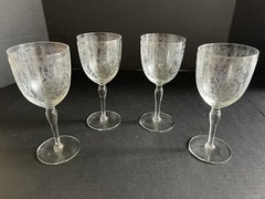 Vintage Glastonbury Lotus Rose Bud Clear Etched Glass Water Goblets – Set of 4