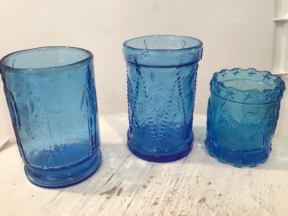 3 Vtg Blue Glass Patriotic Eagle Soldier Glasses, 2 Wheaton, 1 Kanawha Toothpick