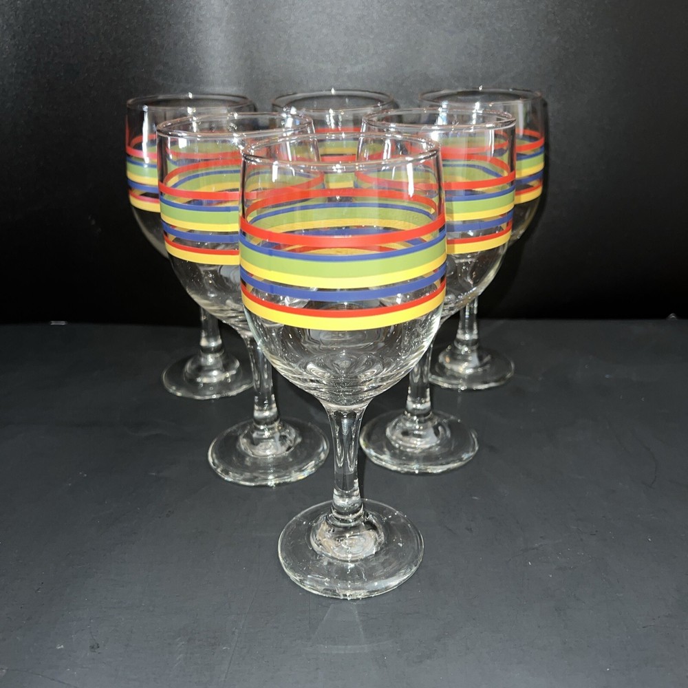 6 Libbey Mambo Fiesta Banded Stripes Goblets Water Tea Wine Glasses 10oz