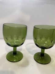 Two Vintage Indiana Green Goblets Thumbprint Pattern Mid 20th C, H 6” W 3 3/4”