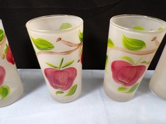 Set of 9 Clear Frosted Glass Tumblers w/ Apples Design Painted On Them 5 1/8″