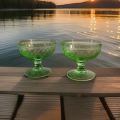 Vintage Hazel Atlas Clover Uranium Glass Sherbet Cups Set Of 2 UV Reactive Mint!