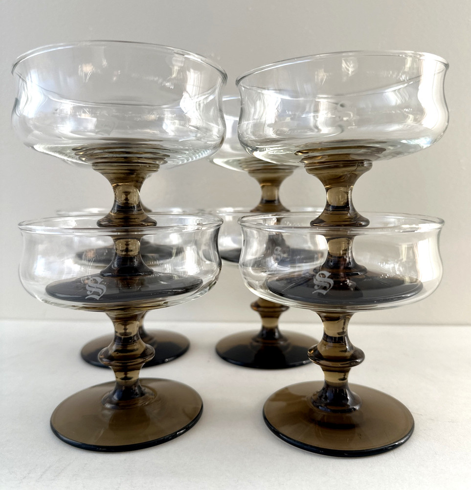 Set of 8 Libbey Etched Brown Dessert Champagne Glass Stems 4″ High 3.75in Wide