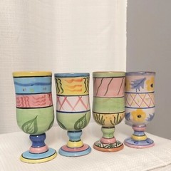 Redware Pottery Pedestal Drinking Goblets Pastel Glazed Cups Colorful Bar READ