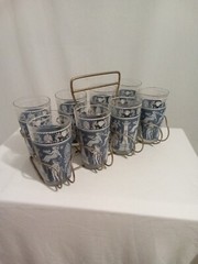 Vtg Jeanette Glass Set & Caddy 8 Grecco Roman Hellenic Lilac 5″ Jasperware MCM.