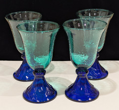Cobalt Blue Goblets Glasses Shell Relief Base, Blown Glass, Vintage 7″T Set of 4