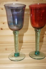Blue, Red, Pink, Yellow (4) Wine Goblets, 8 1/2″ Hand Blown w/ Green Stem (G34)