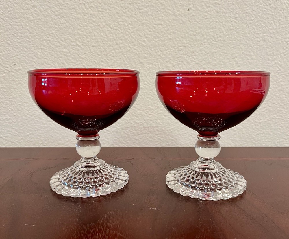 2 Bubble Foot Ruby Red Glass Sherbet Champagne Goblets By Anchor Hocking