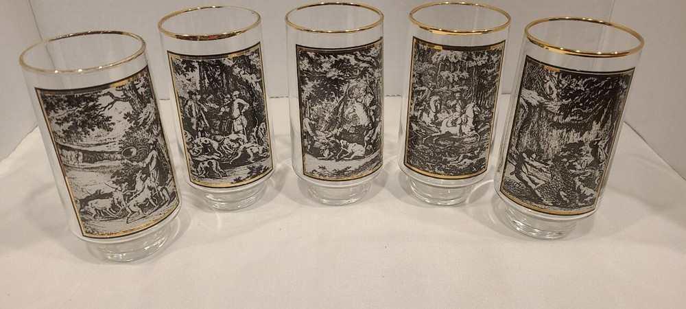 5 English Hunt Scene/ Equestrian Tumblers Juice Glasses All Different Scenes