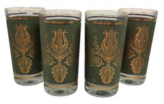 Vtg Jeanette Glass Co. Highball Glasses Laurel & Lyre Green & Gold Set Of 4 MCM