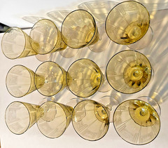 12 Antique Yellow Topaz Depression Glass Wine Stems Art Deco Etched Pattern