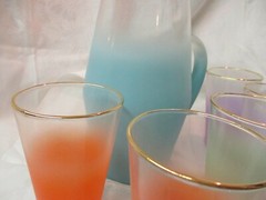 Vintage W.V. Blendo glass tall Pitcher & 6 Tumblers Aqua orange purple green