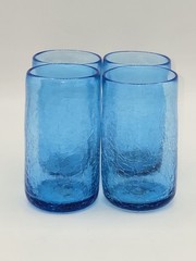 Handblown Blue Crackle Glass Tumblers Set of 4 Small Art Glass Juice Glasses