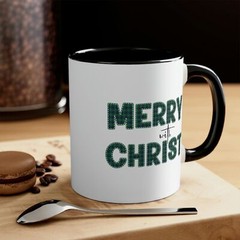 Two-tone Accent Ceramic Mug 11oz – Merry with Christ – Green Plaid Christmas Hol