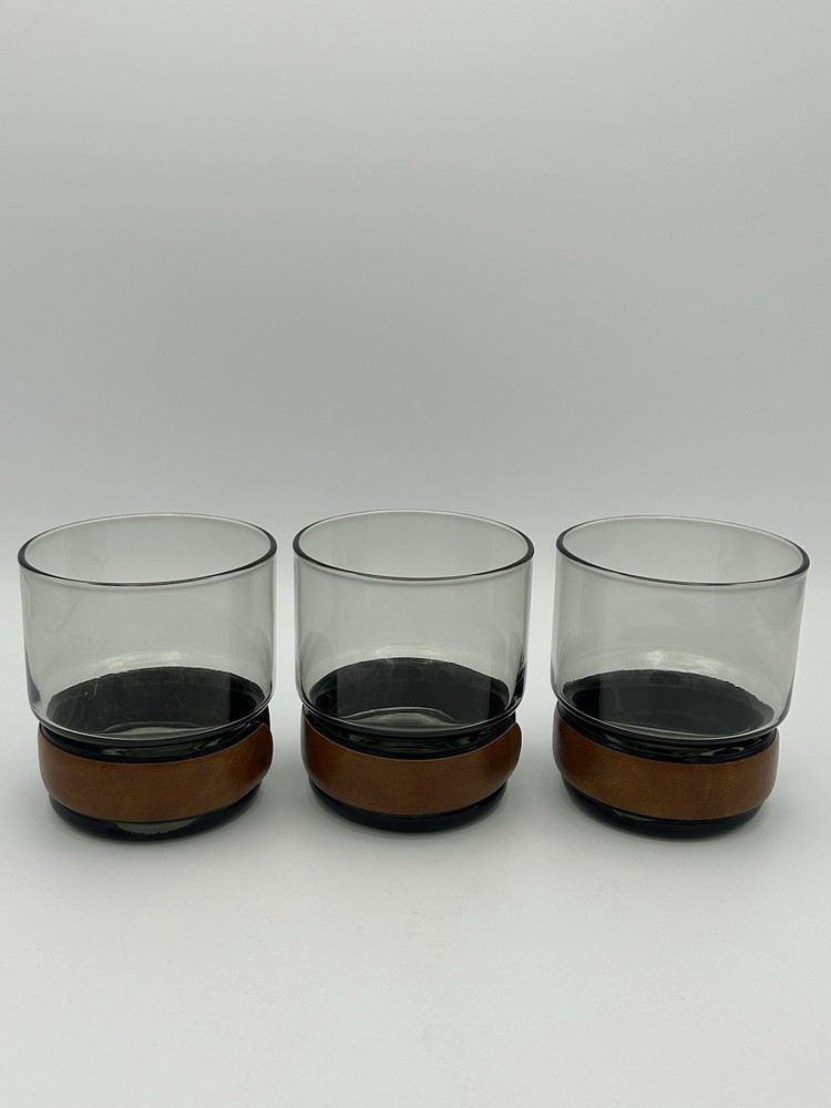 Set of 3 Vintage Tumbler Whiskey Glasses Smoky Glass w/ Faux Leather Band