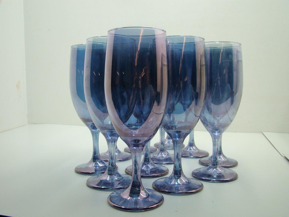 12 IRIDESCENT BLUE STEMMED WINE GLASSES 8 3/8 INCHES TALL 2 3/4 ACROSS TOP