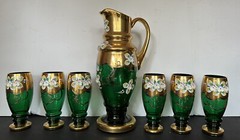 Vtg Bohemian Emerald Green 24k Gold Pained Flowers Water Pitcher & Glass Set