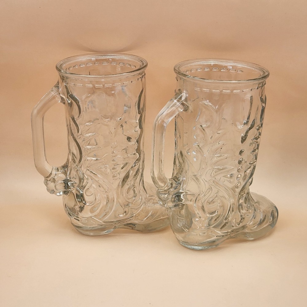 Vtg Libby Cowboy Boot Shaped Clear Glass Beer Mug With Handle 6″ Western set 2