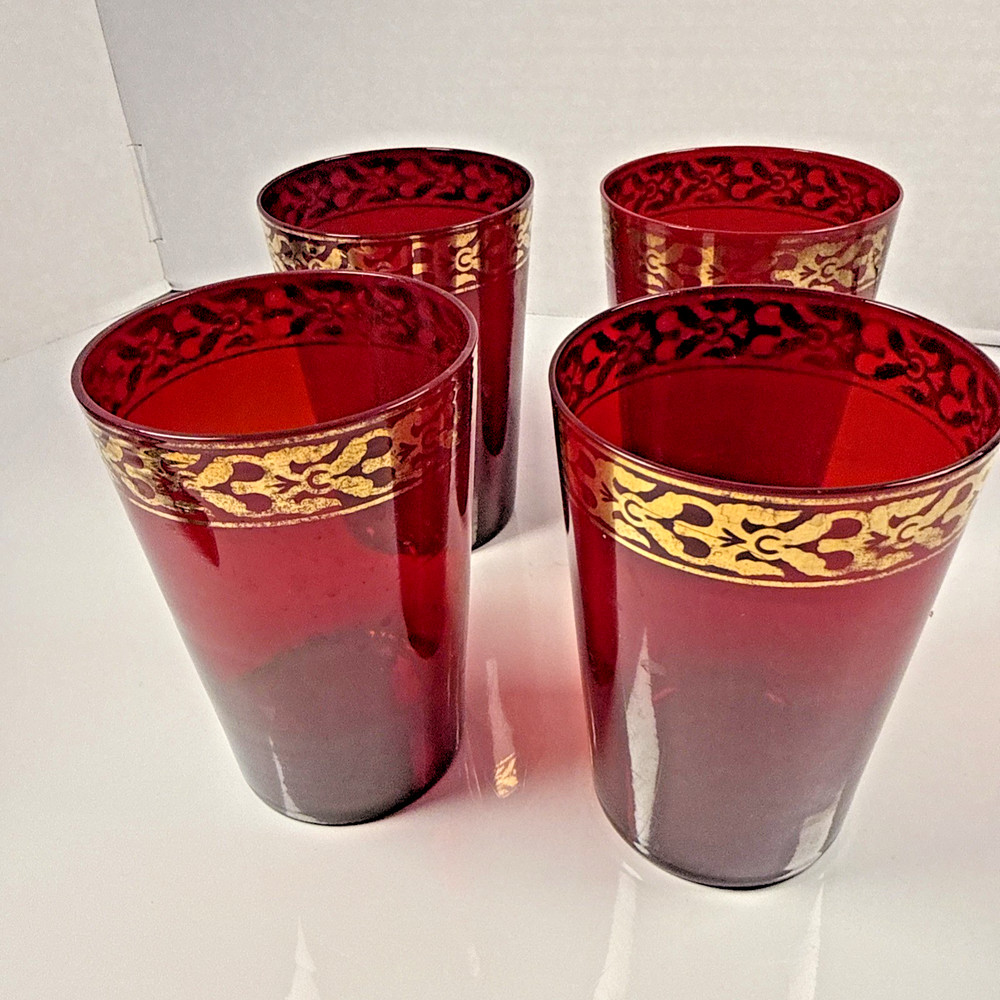 Vintage Ruby Red Glass Tumblers with Gold Gilded Trim Set of 4 – 16 oz