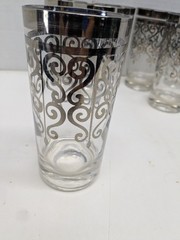 8 Vintage MCM Mid Century Scrolled Silver Rim Overlay Highball Glasses