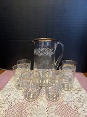 Vintage Wheel Cut Frosted Wreath And Bows Juice Set W/Pitcher And 6 Glasses