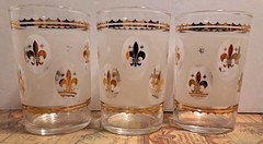 Vtg Set Of 6 Hazel Atlas Juice Glasses Frosted Finish Gold Fleur-De-Lis