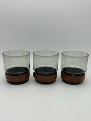 Set of 3 Vintage Tumbler Whiskey Glasses Smoky Glass w/ Faux Leather Band