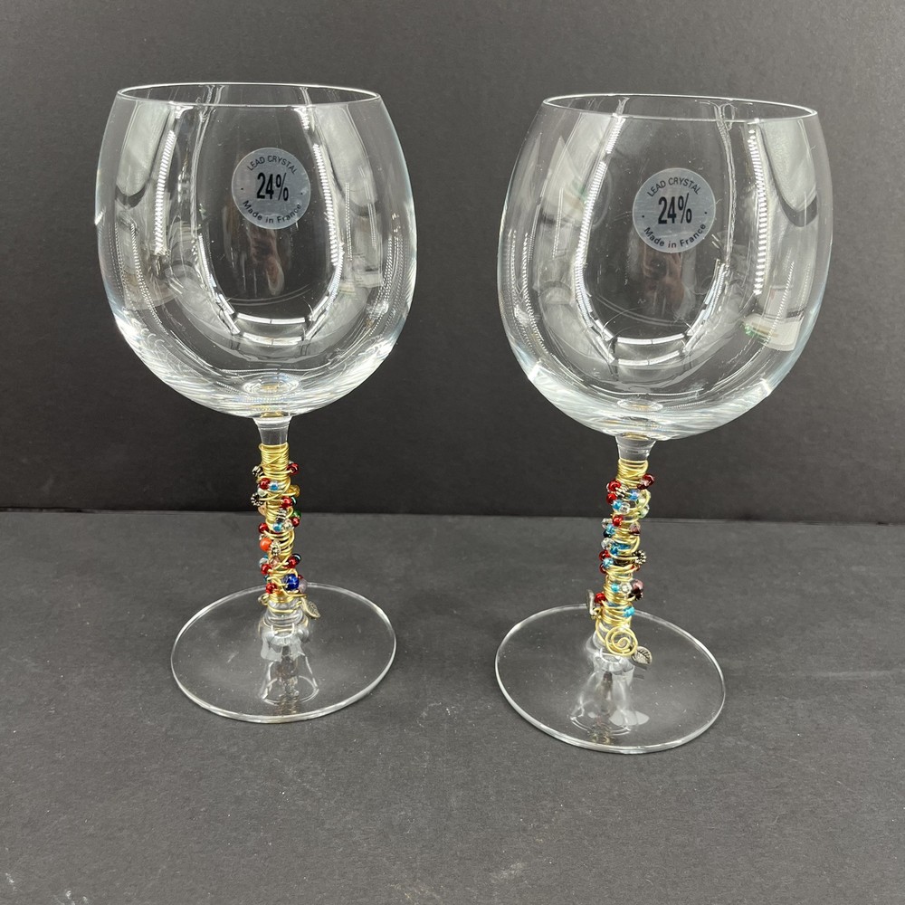 Wine Glasses W/ Beaded Long Stem Set of 2 Made In France 24 % Lead Crystal~New
