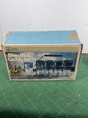 Vintage Anchor Hocking 8 Glass Silver Mist Tumblers w/ folding Caddy & Box