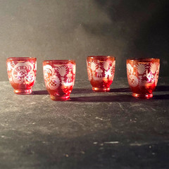 VENITIAN CORDIAL GLASSES, Hand Blown & Etched, Red & Gold, 2 1/4″ x 1 3/4″, 3PCS
