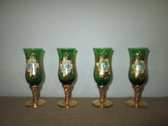 Set of 4 Green Hand Painted Gold Pedestal Bohemian Czech Glass Cordial Glasses