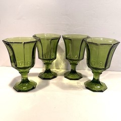 Set Of 4 Independence Octagonal Footed Green Glass Wine or Water Goblet, 5 1/2”