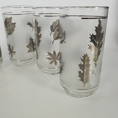 Vintage MCM Silver Leaf Frosted 6 pc Drinking Glass Set by Libbey Leaves Foliage