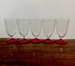 Vintage European cordial Glasses Ruby Red Enamel footed Etched Diamond Five