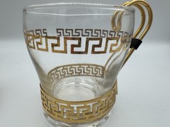 Set Of 6 VTG Libbey glass cups gold Greek key design and metal handles Hollywood