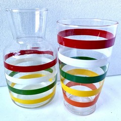 Anchor Hocking Vintage MCM Color Stripes Drinking Glass & Juice Carafe Vase 60s